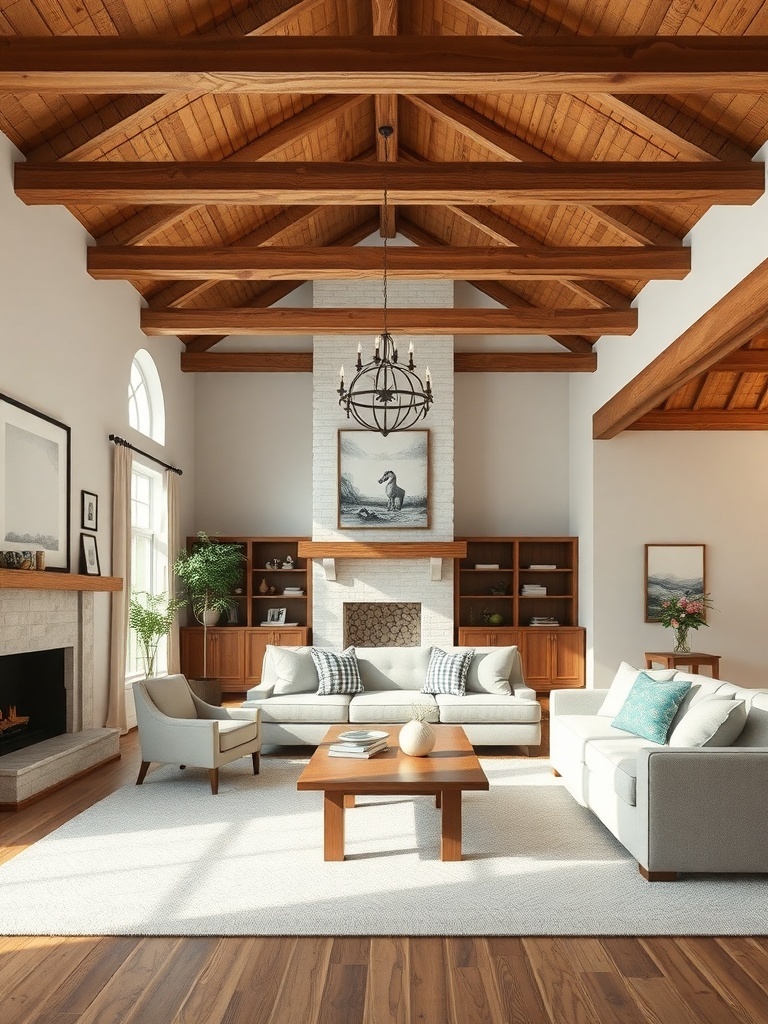 A beautifully designed farmhouse living room featuring wooden beams and cozy furniture.