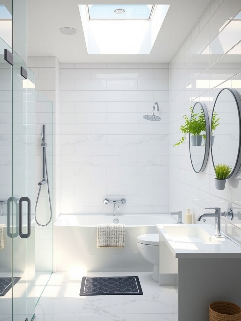 Modern bathroom featuring water-saving features like a dual-flush toilet and efficient showerhead.
