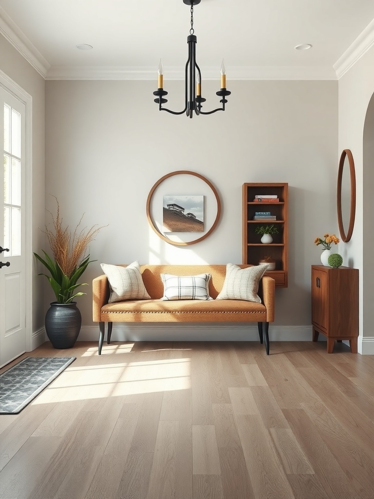 A stylish entryway with a cozy bench, decorative pillows, and a welcoming atmosphere.