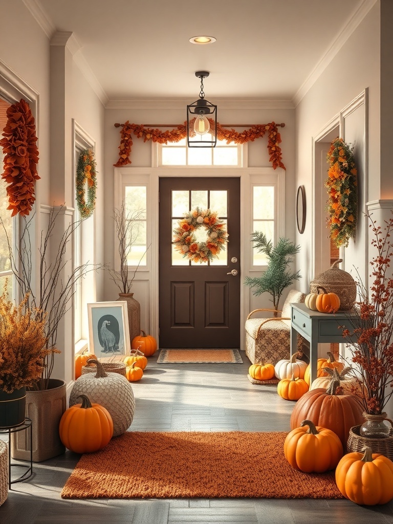Cozy fall entryway with pumpkins and warm decor