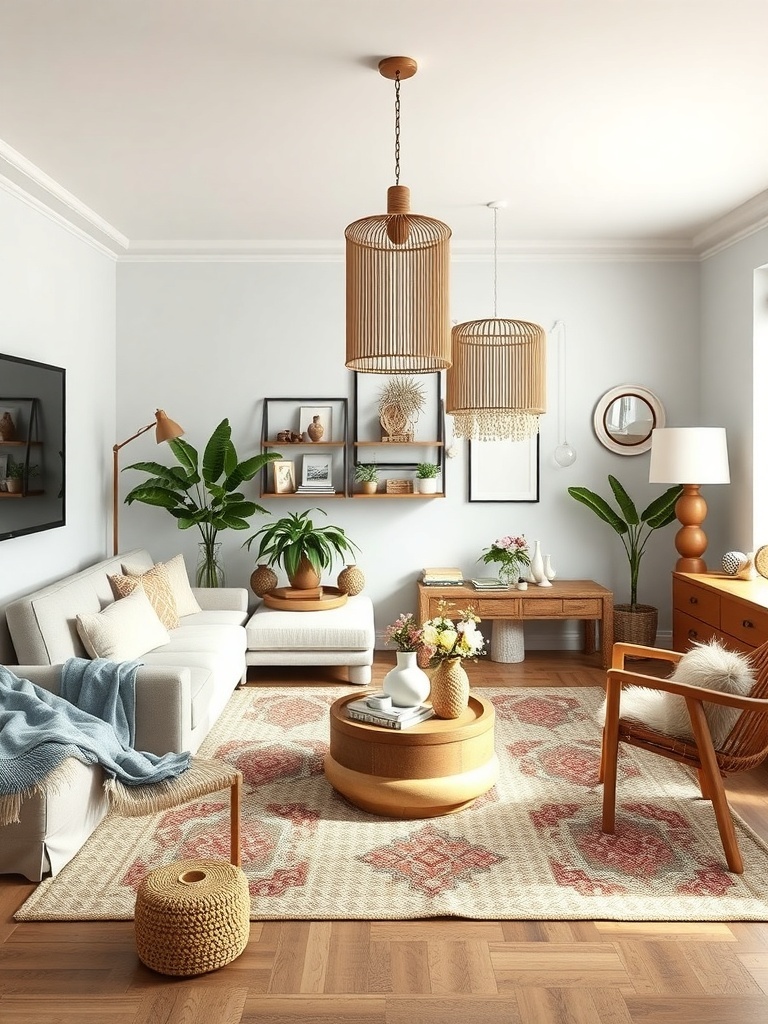 A cozy boho living room featuring playful decor and whimsical accessories.
