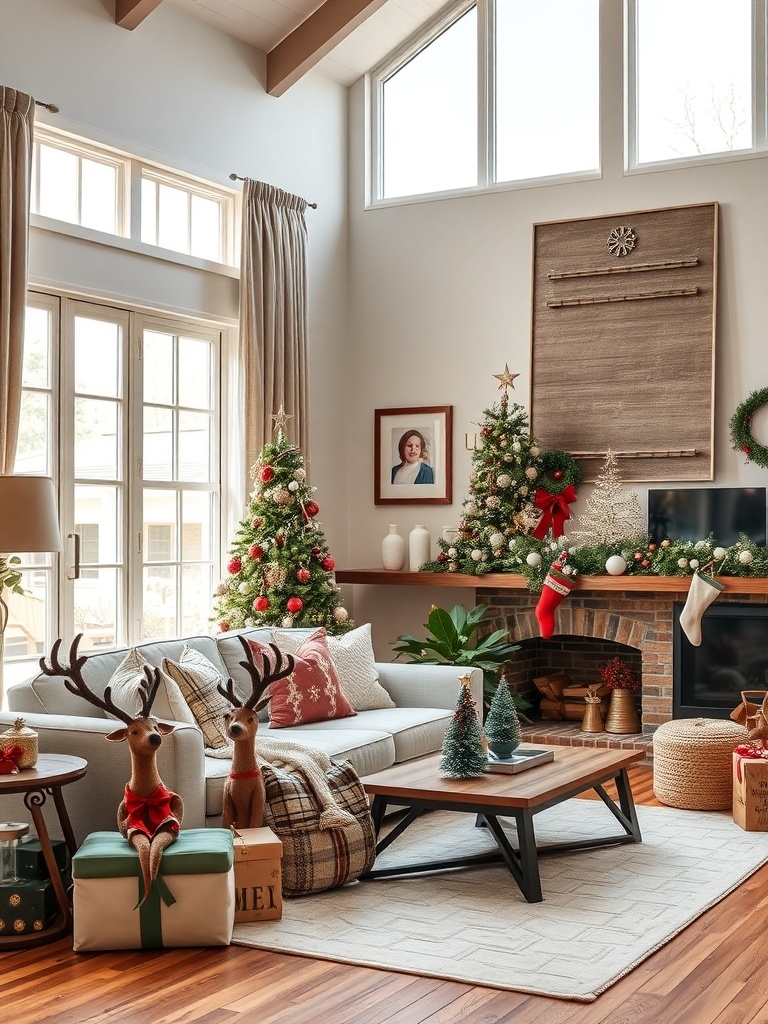 A cozy living room decorated for Christmas with whimsical characters like reindeer and festive trees.