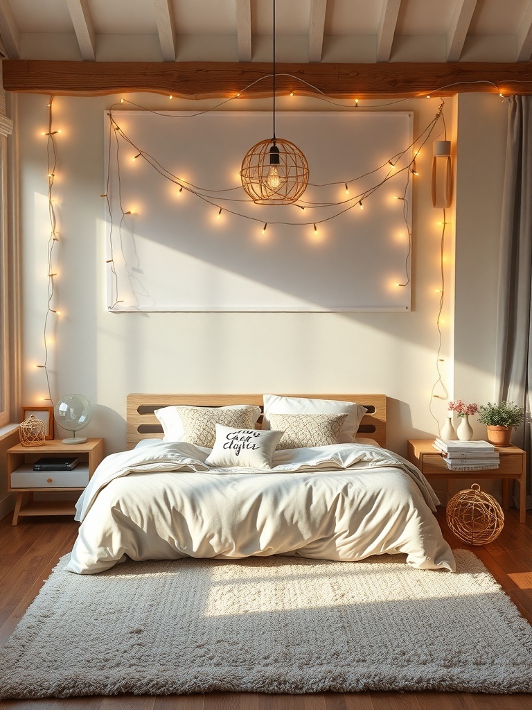 Cozy bedroom with string lights, a plush rug, and a warm color palette.