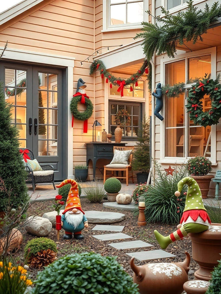 A whimsical garden with colorful gnomes and elves, surrounded by greenery and decorative stones.
