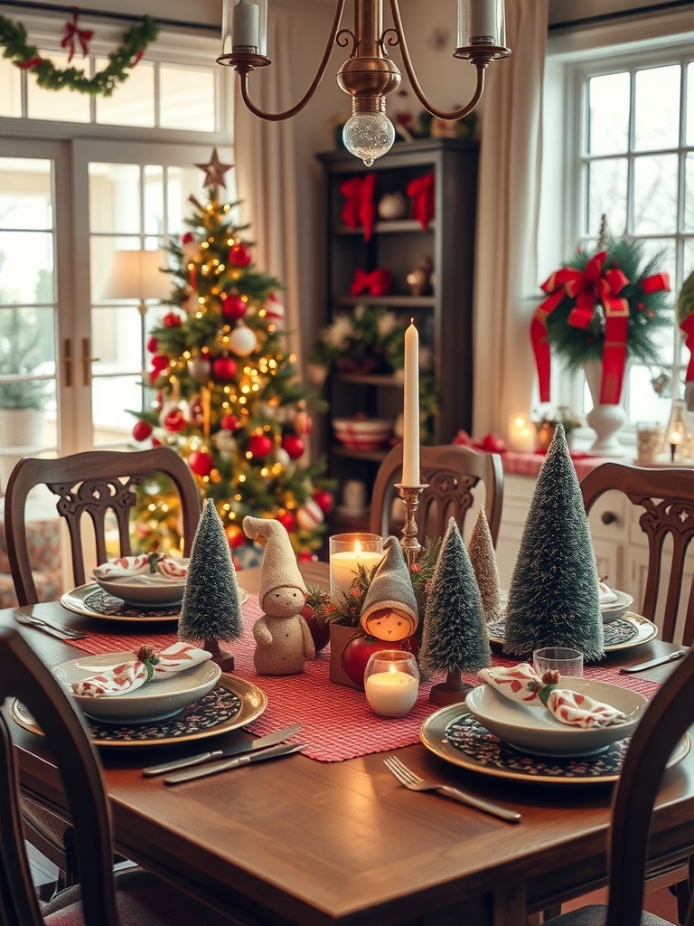 A cozy holiday table setting with whimsical figurines, including snowmen and gnomes, surrounded by festive decor.