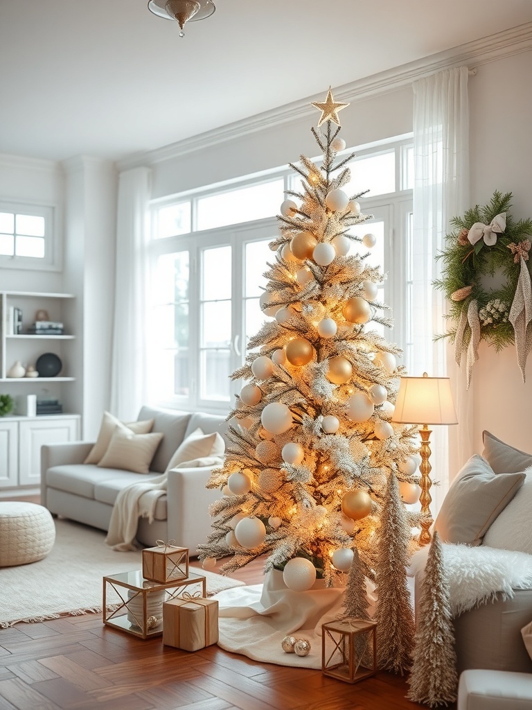 A beautifully decorated Christmas tree with white and gold ornaments in a cozy living room.