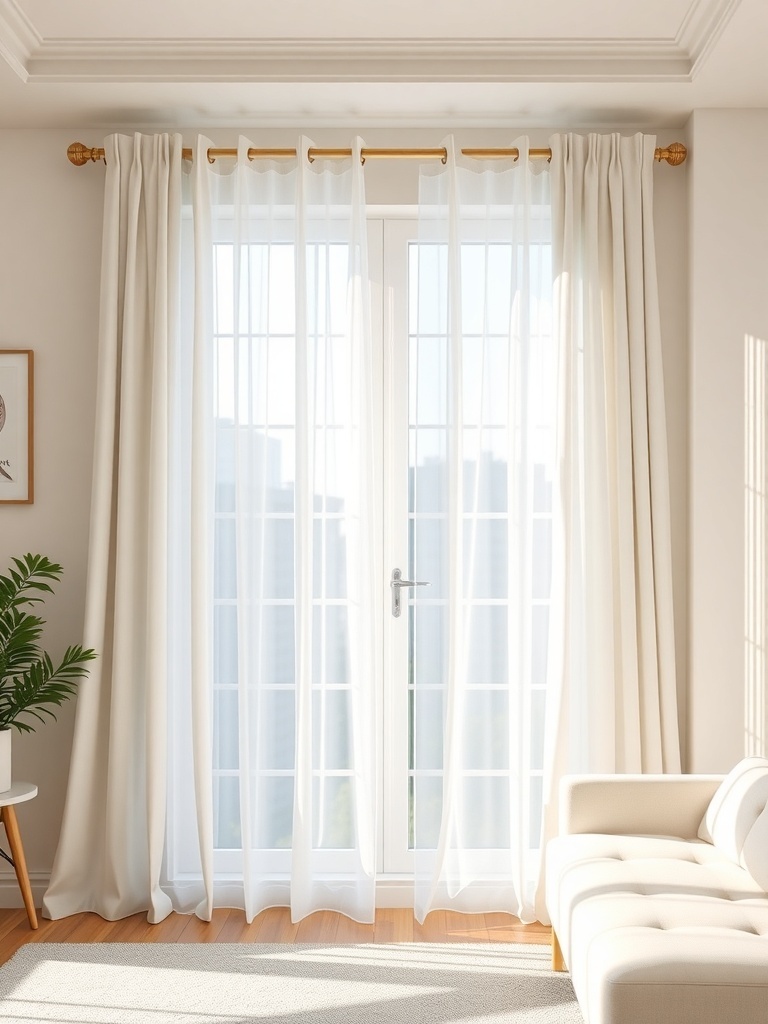 Light, airy curtains hanging in a bright living room, allowing natural light to filter through.