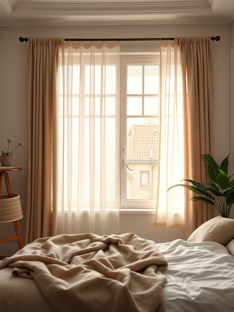 Cozy bedroom with sheer curtains and a warm color palette