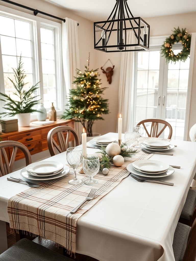 A beautifully set dining table with a winter-themed table runner, candles, and festive decorations.