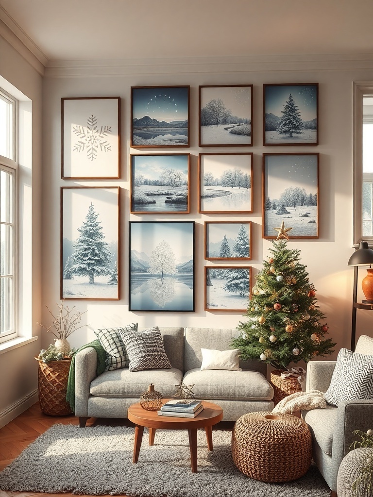 A cozy living room with winter-themed wall art featuring snowy landscapes and a decorated Christmas tree.