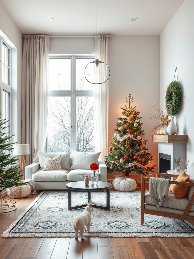 Cozy living room with winter-themed decor, including a Christmas tree and wall art.