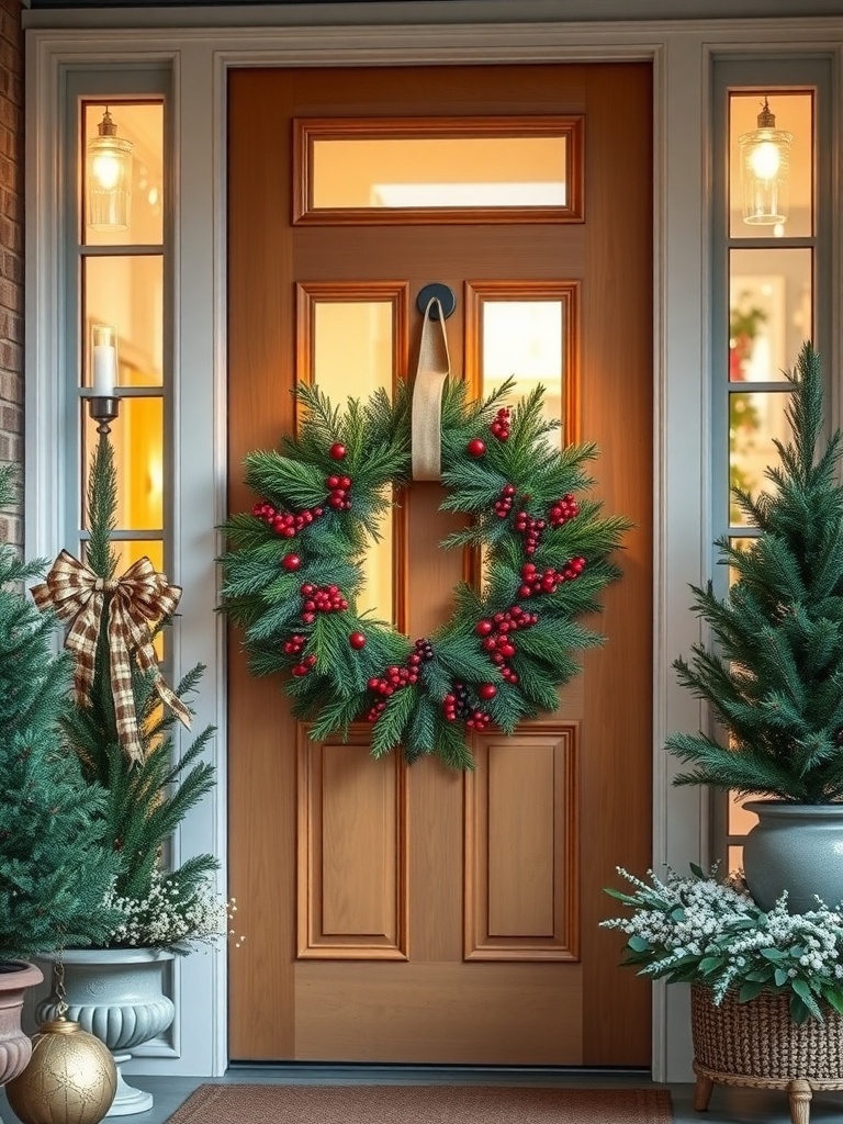 A cozy winter-themed wreath with evergreen branches and red berries on a wooden door.