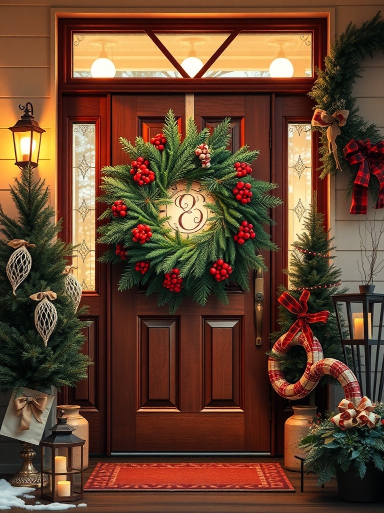 A festive winter wreath adorned with pine and red berries on a wooden door.