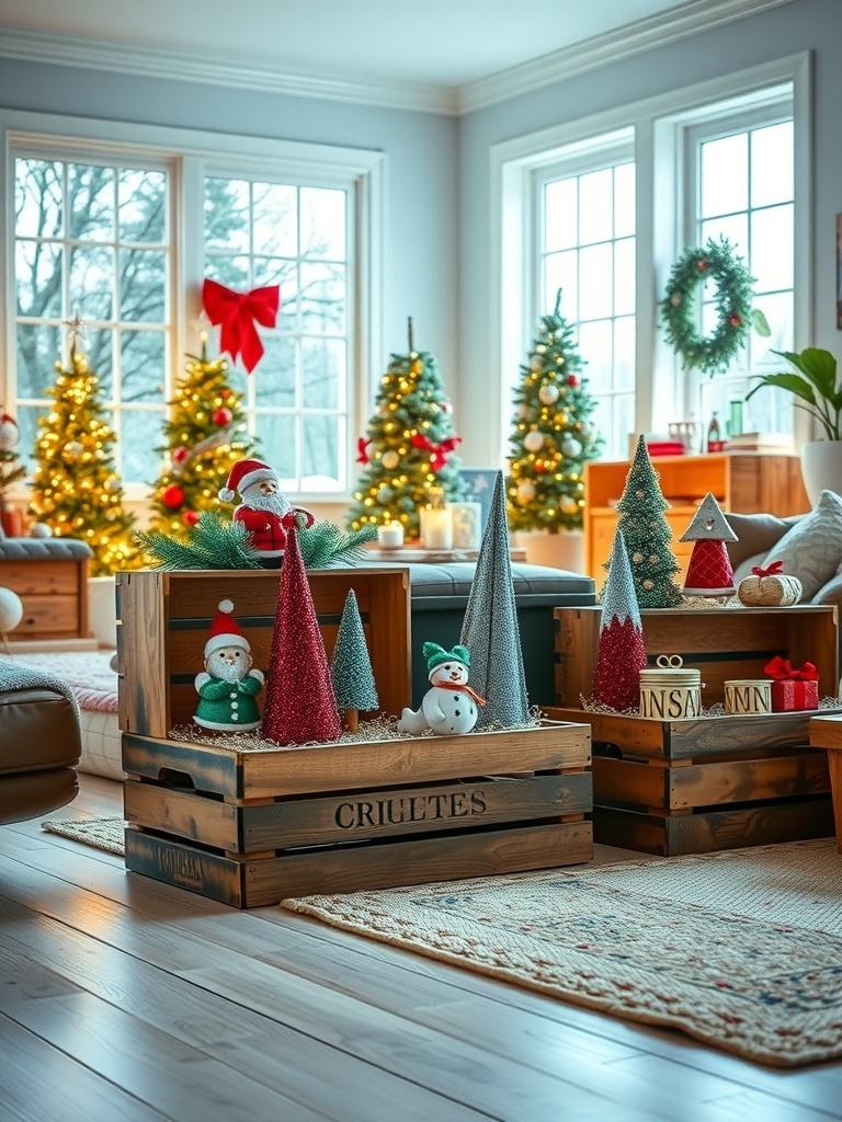 Wooden crates filled with Christmas decorations, including mini trees and snowmen, in a cozy living room.