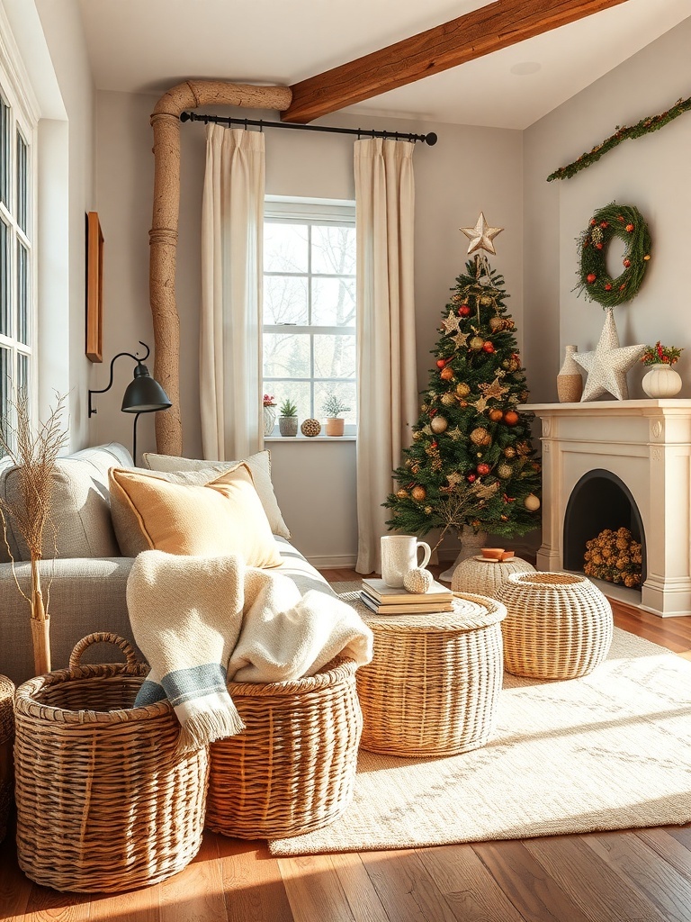 Cozy living room with woven baskets for storage, featuring a sofa, a coffee table, and a Christmas tree.
