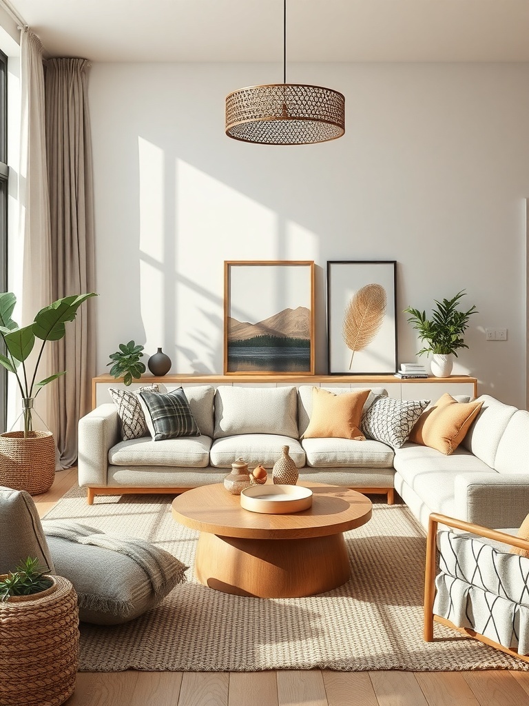 A cozy living room featuring woven textiles, a light-colored sofa, a round wooden coffee table, and plants in woven baskets.