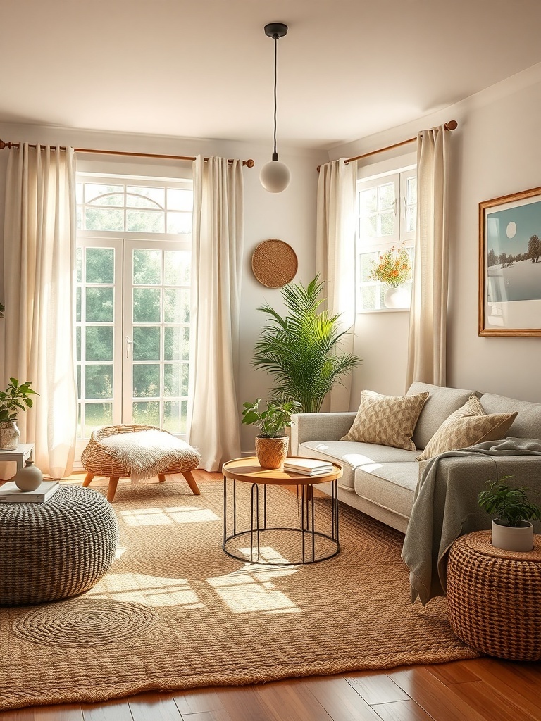 A cozy living room with woven textures, featuring a jute rug, wicker baskets, and soft furnishings.