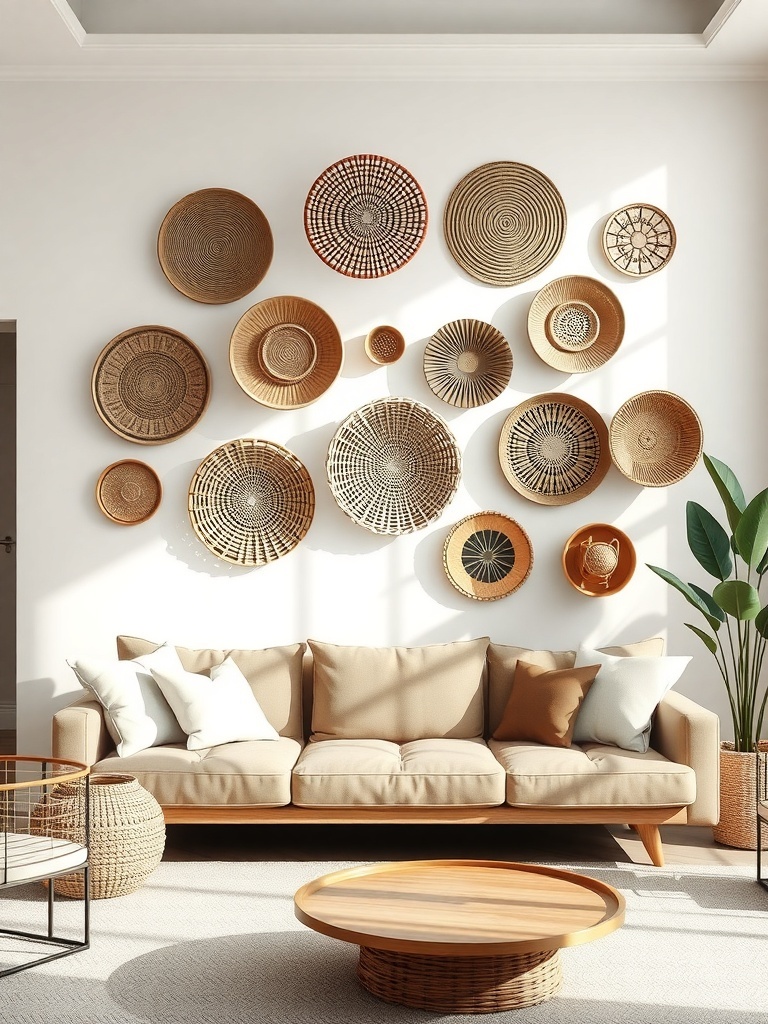 A collection of woven wall baskets arranged on a white wall above a beige sofa.