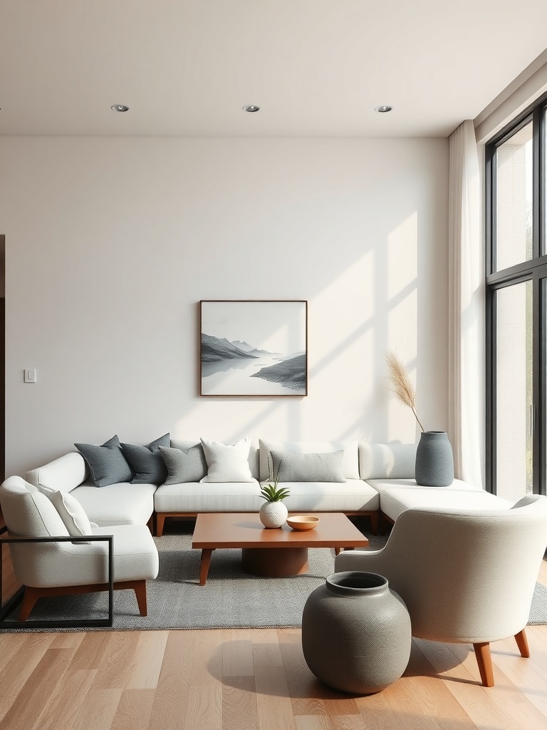 A serene living room with a sectional sofa, coffee table, and large windows, creating a calm and inviting atmosphere.