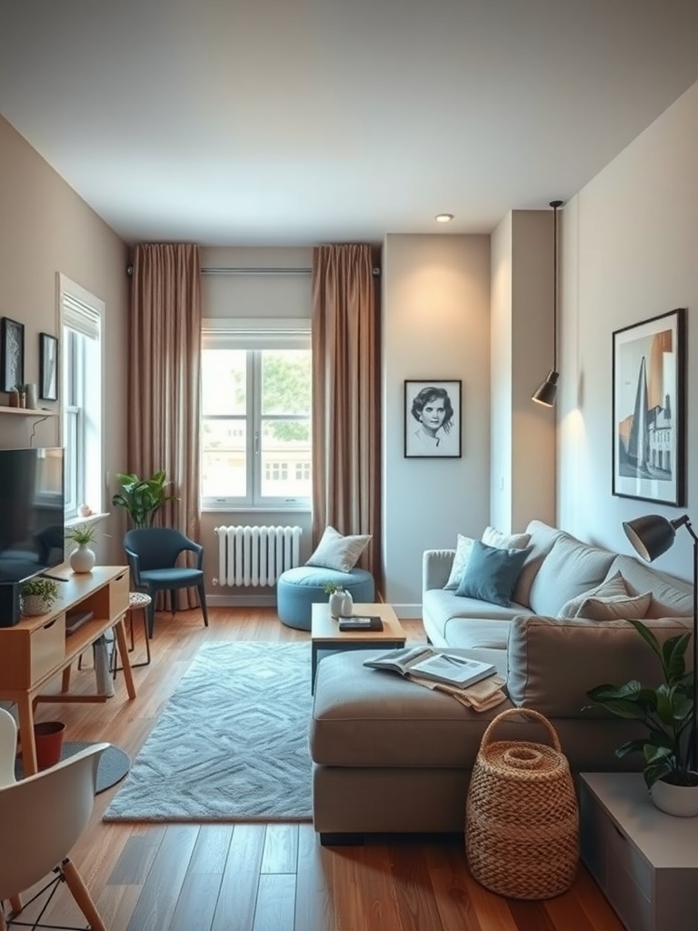 Cozy studio apartment with a well-lit living area featuring a sofa, plants, and decorative elements.