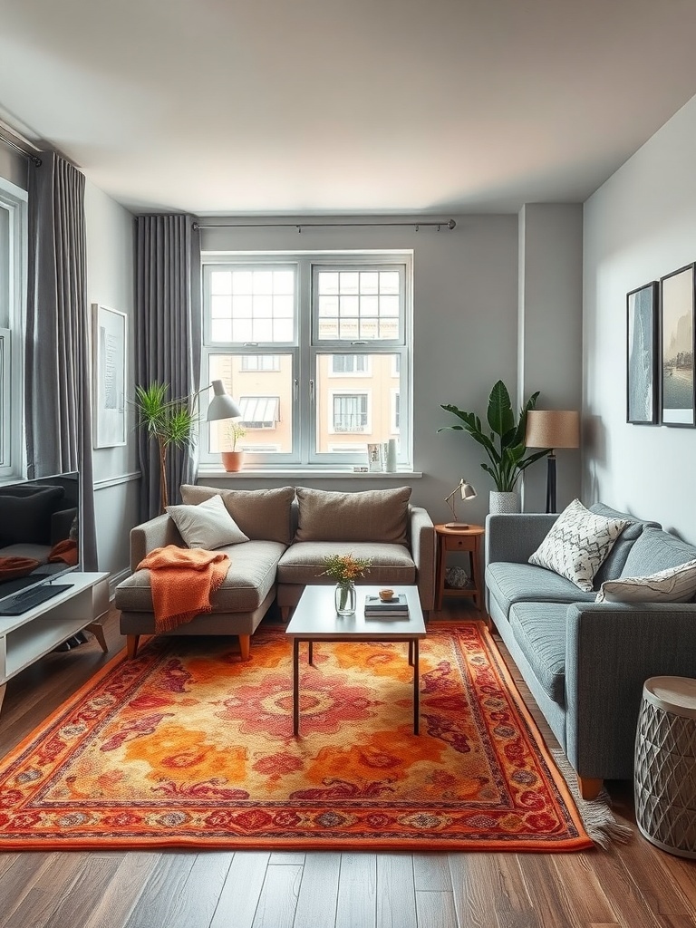 Cozy living area with a vibrant rug, sofa, and coffee table.